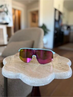 Men's Sport Shield Sunglasses in Turquoise with Pink Mirror Lens